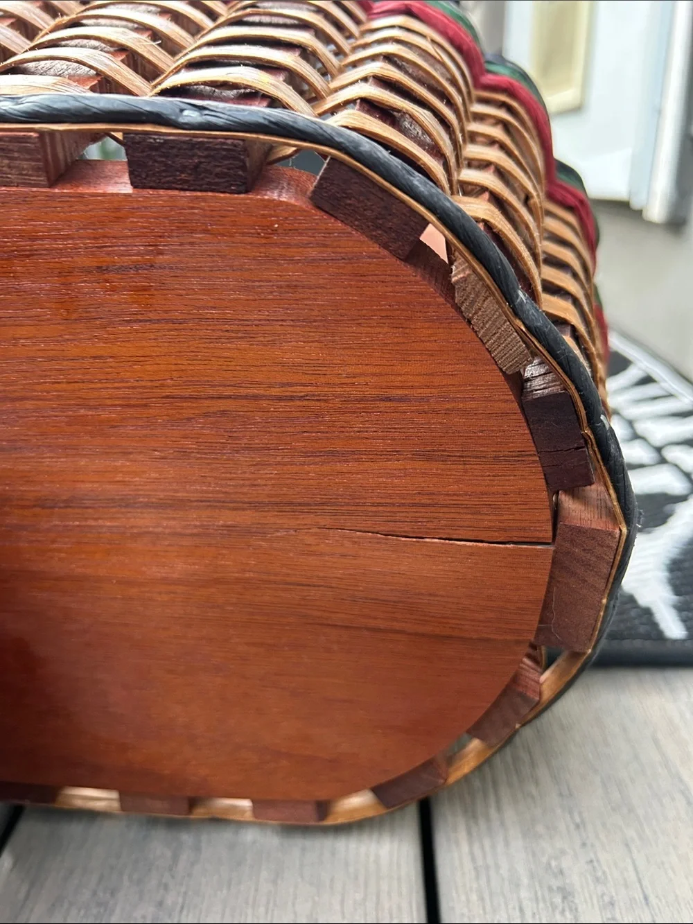 Vintage Foxcreek Stair Step Basket featuring a prominent solid mahogany handle